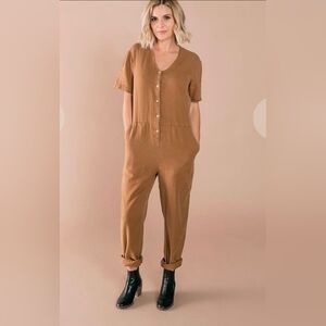 Rylee + Cru Tan Utility Jumpsuit Cotton Linen Tencel Button Front Minimalist